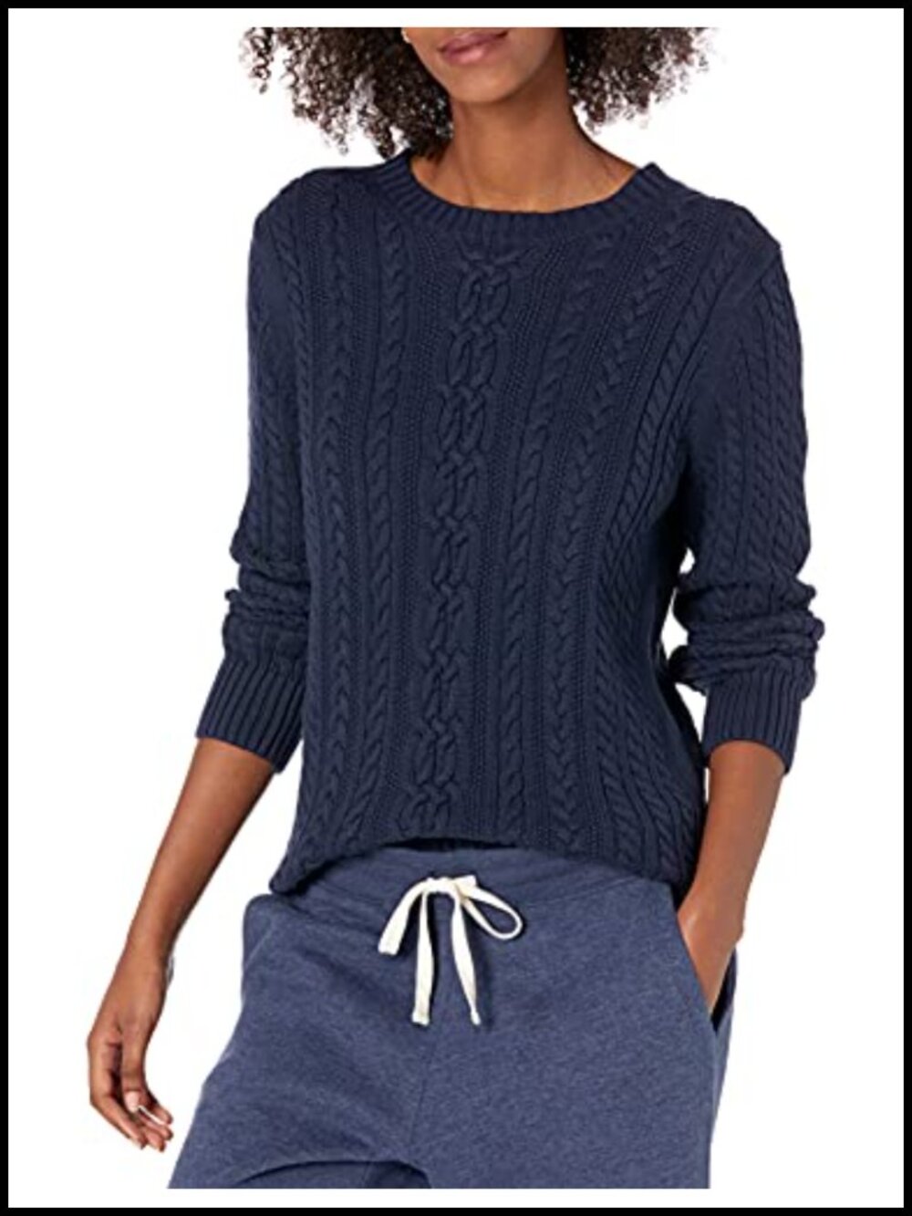 Soft Cotton Cable Knit Ribbed Crewneck Sweater Long Sleeve